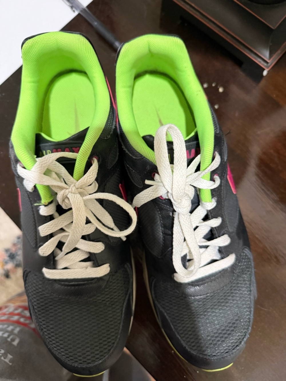 Women's Nike Air Max Black Sneakers with Neon Green and Pink Accents, size 11